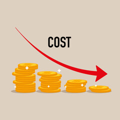 Coin stacks with descending curve or arrow. Costs reduction, costs cut, costs optimization business.  Modern vector illustration in flat style.