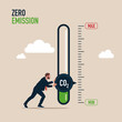 Man turning gauge arrow pointer to lowest level of CO2. New energy to energy and transportation. Zero emission. Modern vector illustration in flat style 