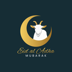 Eid al Adha Mubarak with gold moon and goat greeting design