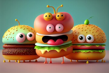 Wall Mural - Background of a 3D Cute Hamburger Character. Generative AI