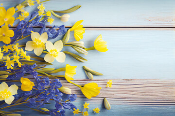 yellow and blue spring flowers on wooden background generative ai