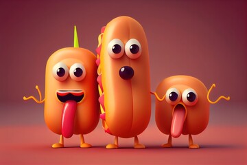 Wall Mural - 3D Cute Hot Dog Character Background. Created with Generative AI Technology