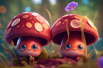 Wall Mural - Cute Mushroom Character Background. Created with Generative AI Technology