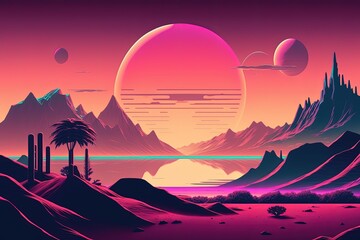 Wall Mural - Landscape with mountains and sunset, 80's vaporwave style. Generative AI