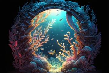 Wall Mural - Mystical portal at the bottom of the ocean, coral fish, marine life. Generative AI