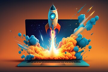 Illustration of rocket taking off from laptop screen. Generative AI