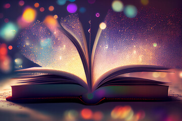 Poster -  beautiful silhouette open book  on a bright bokeh background. 