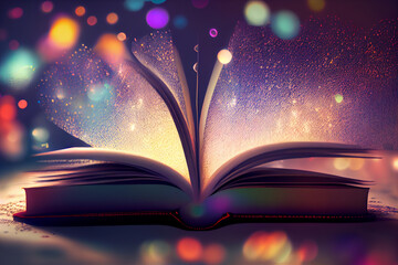 Poster -  beautiful silhouette open book  on a bright bokeh background. 