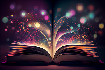 Poster -  beautiful silhouette open book  on a bright bokeh background. 