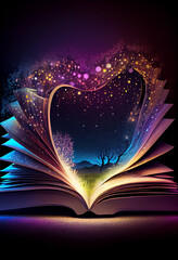 Poster -  beautiful silhouette open book  on a bright bokeh background. 