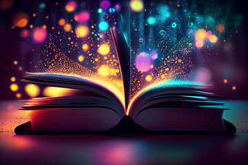 Poster -  beautiful silhouette open book  on a bright bokeh background. 