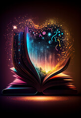 Poster -  beautiful silhouette open book  on a bright bokeh background. 