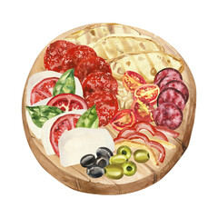 Italian traditional antipasti plate with mozzarella, basil, pepperoni and tomatoes. Watercolor hand painted illustration isolated on white background for menu design, print, social media.