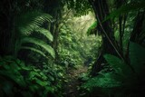 Fototapeta Natura - Dense rainforest with lush green foliage. Generative AI