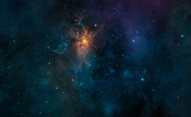 Wall Mural - space background. colorful blue and violet nebula with star field and orange sun. digital painting