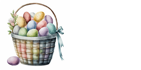 Wall Mural - Easter egg basket full of colorful eggs watercolor, Generative AI
