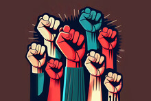 Set Of Raised Up Fist Symbols With Different Races Hands, Protest Concept. Generative Ai