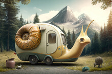 A Snail In The Form Of A Motorhome Stopped At A Campsite, Concept Of Campervan And Nature-inspired Design, Created With Generative AI Technology