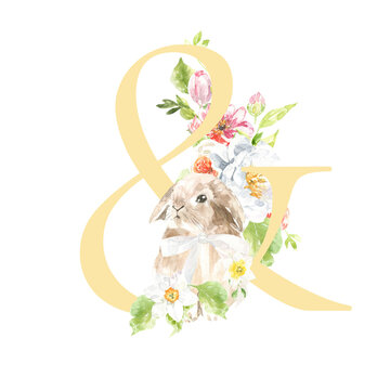 Watercolor Easter floral alphabet, cute bunny spring letter &, flower bouquet illustration with peony, roses, spring greenery. Botanical monogram initials wedding stationery card, save the date, rsvp