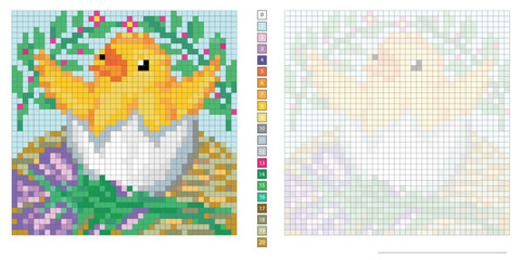 Wall Mural - vector pixel art illustration, cheerful hatched chick with green sprigs, easter, coloring book, embroidery design, mosaic, creativity, development of motor skills and imagination