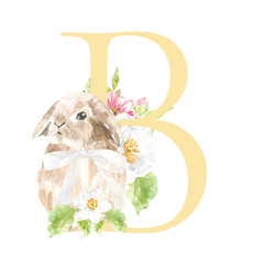 Watercolor Easter floral alphabet, cute bunny spring letter B, flower bouquet illustration with peony, roses, spring greenery. Botanical monogram initials wedding stationery card, save the date, rsvp