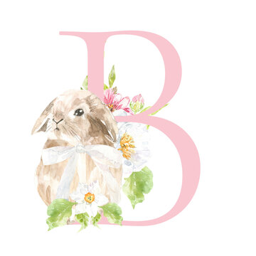 Watercolor Easter floral alphabet, cute bunny spring letter B, flower bouquet illustration with peony, roses, spring greenery. Botanical monogram initials wedding stationery card, save the date, rsvp