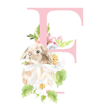 Watercolor Easter floral alphabet, cute bunny spring letter F, flower bouquet illustration with peony, roses, spring greenery. Botanical monogram initials wedding stationery card, save the date, rsvp