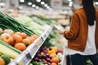 Closeup candid photograph of a woman shopping for groceries fruits and vegetables in a grocery supermarket store aisle, inflation food prices concept, generative ai