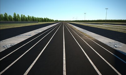 Poster -  an empty track in the middle of a field with trees in the background.  generative ai