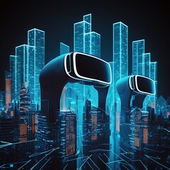 Poster - Metaverse world virtual reality technology. Future digital data of city scape cyber industrial nft and internet big data concept , generative ai