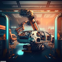 Poster - The auto factory robotic arm is in operation. automated production line in a car factory. generative ai