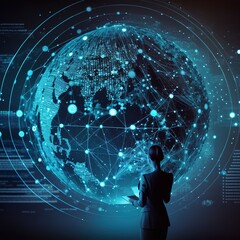 Poster - Communication technology for internet business. Global world network and telecommunication on earth cryptocurrency and blockchain and IoT. Elements, generative ai