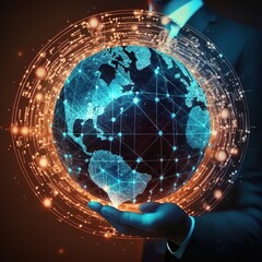 Poster - Communication technology for internet business. Global world network and telecommunication on earth cryptocurrency and blockchain and IoT. Elements, generative ai