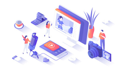 Wall Mural - Video blogging. Making video content for blog or vlog in social networks. Video streaming in social media. Isometry illustration with people scene for web graphic.