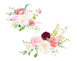 Wall Mural - Pink garden roses, ranunculus, peony, hydrangea, dahlia flowers vector design bouquets