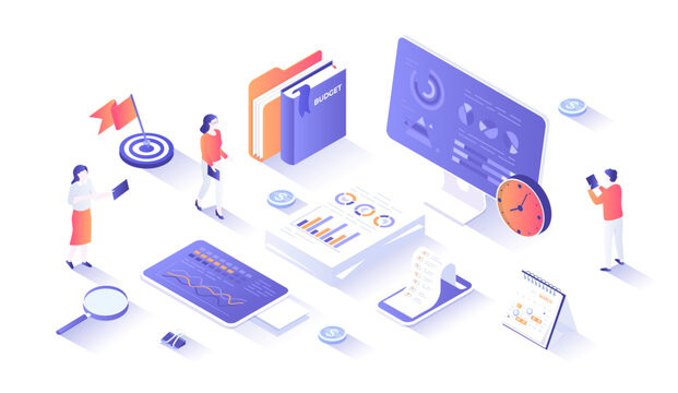 Business Data Analysis, Financial Report. Statistics and business statement. Research of company documents. Isometry illustration with people scene for web graphic.