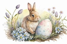 Watercolor Easter Cute Bunny Eggs Nature Background - Generative Ai