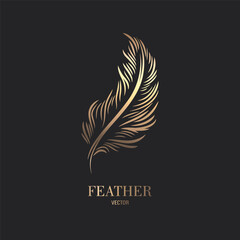 Wall Mural - Vector Fluffy Golden Color Feather Logo Icon, Silhouette Feather Closeup Isolated. Design Template of Flamingo, Angel, Bird Feather. Lightness, Freedom Concept