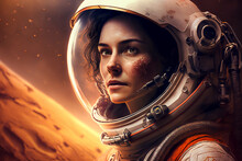 Portrait Of A Female Astronaut On Mars Looking At The Camera. AI