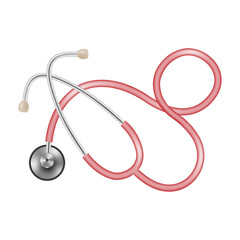 Medical device realistic statoscope on a white background. Medical instrument for listening heart or breathing, typically having disk-shaped resonator and two tubes connected to earpieces. Vector.