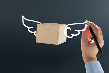 Canvas Print - A courier package, a cardboard box with painted wings, a flying package. Parcel delivery concept, courier work and logistic companies.