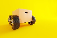 A Package, A Cardboard Box With Wheels, Looking Like A Car. The Concept Of Transport, The Work Of Couriers And Logistics Companies. Couriers Delivering Parcels. 3D Render, 3D Illustration.