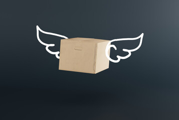 Canvas Print - A courier package, a cardboard box with painted wings, a flying package. Parcel delivery concept, courier work and logistic companies. 3D render, 3D illustration.