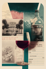 Abstract contemporary pop art collage. Wine portrait with different forms, magazines and objects on the backdrop. Modern style poster or magazine illustration  created with Generative AI technology