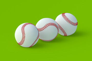 Wall Mural - Baseball balls on green background. Sports accessories. 3d render