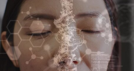 Canvas Print - Animation of molecular structures and medical data over close up of asian woman opening eyes