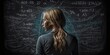 female mathematician solving complex equations on chalkboard surrounded by equations and formulas, concept of Logic, created with Generative AI technology
