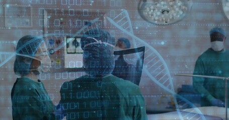 Poster - Animation of dna strand and binary data over diverse female surgeons talking in operating theatre