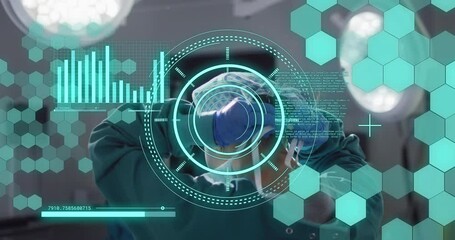 Poster - Animation of data processing over biracial female surgeon tying face mask before operation