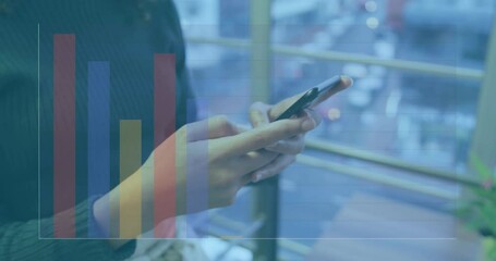 Poster - Animation of multicolored bar graph over midsection of caucasian woman using cellphone